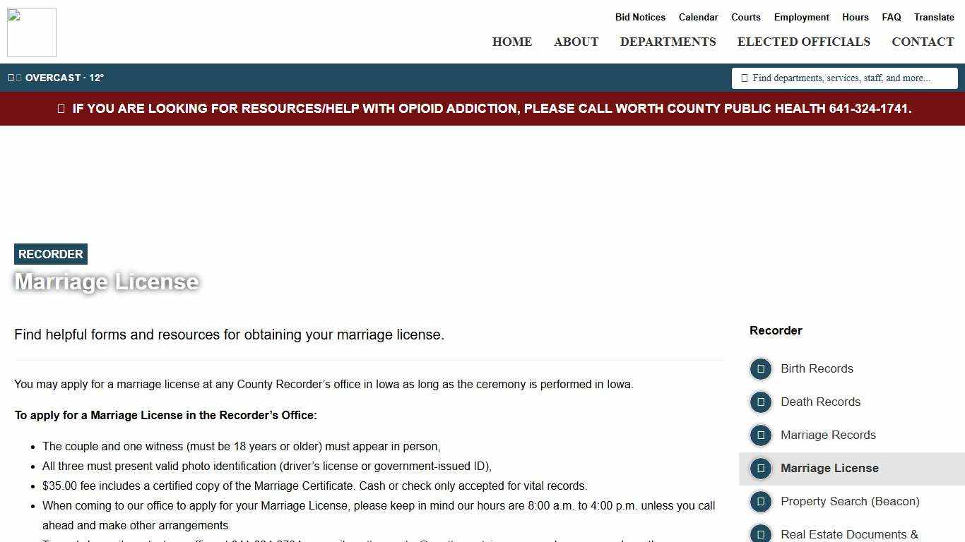 Marriage License - Recorder’s Office - Worth County, Iowa